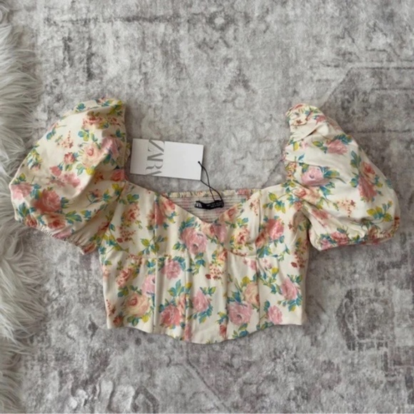 Zara Floral Corset Puff Sleeve Crop Blouse Size Medium - Picture 2 of 5